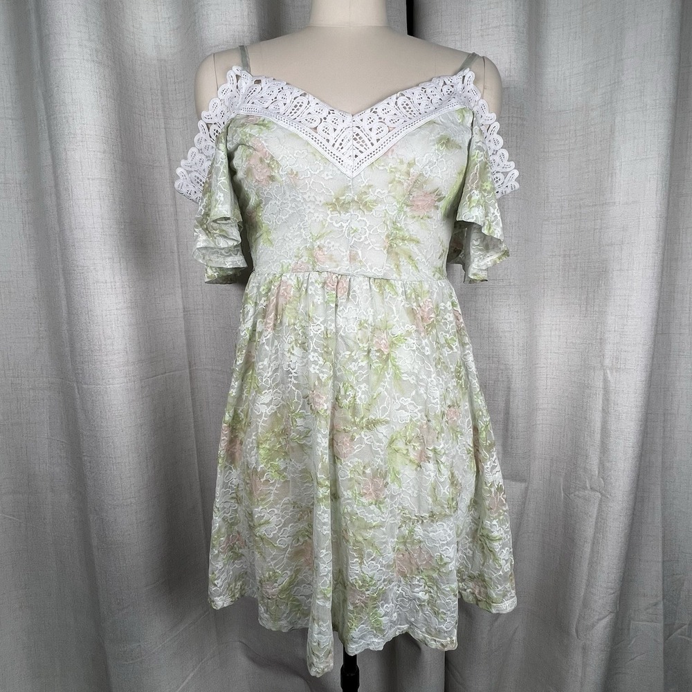Disney Bound Princess Tiana Green Floral Lace Cold Shoulder Mini Dress Jrs Small